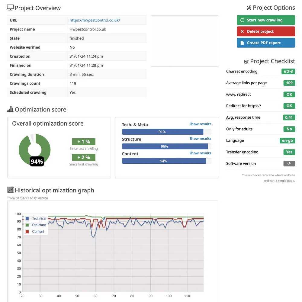 Technical SEO diagnostic report used for website improvement planning